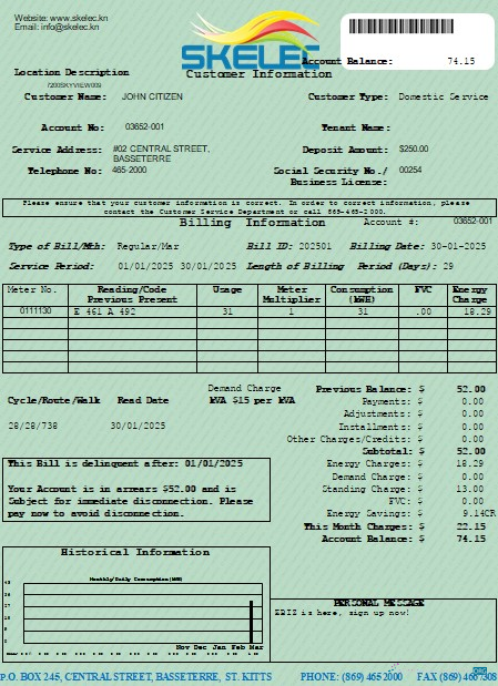 download St. Kitts Electricity Company (SKELEC) utility bill editable template in PDF and Word formats PDF template